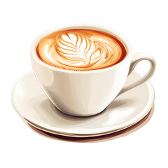 A beautifully crafted latte art coffee cup on a saucer, showcasing intricate designs with a warm ambiance