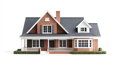 Charming brick house with gabled roof and white trim on white background