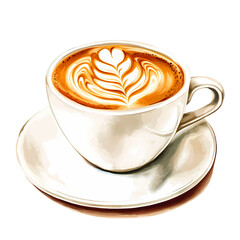 A beautifully crafted latte art in a white cup on a saucer, with a cozy caf? background