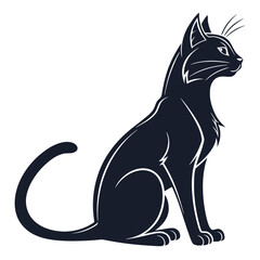 Black Cat Silhouette, Seated Gracefully, Curled Tail, Minimalist Style, Isolated on White