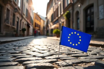 European Union Flag on Cobblestone Street: A Symbolic Journey