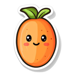 A cheerful cartoon orange character with a smiling face and green leaves on top, isolated