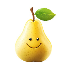 A cheerful cartoon pear with a smiling face and a green leaf, set against a simple background