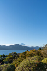 View of Mount Fuji and Lake Ashi  from Onshi Hakone Park in Hakone, Japan