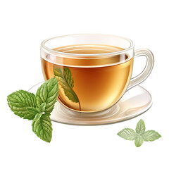 A clear glass cup of herbal tea with fresh mint leaves on a white saucer, isolated on white