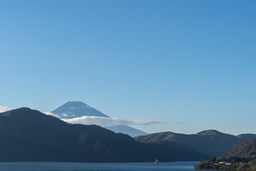 View of Mount Fuji and Lake Ashi  from Onshi Hakone Park in Hakone, Japan