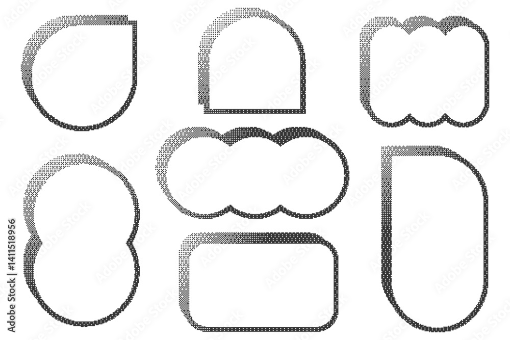 Poster Pixel pattern frames. Bitmap arch windows on white background. Dotted dither vector graphic elements. Noisy arcade game gradient arc. Geometric halftone abstract border.