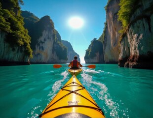 Kayaking through blue tropical canyon waters