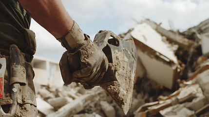 Obraz premium Demolition worker wearing safety gear during a controlled demolition. Featuring demolition and safety procedures