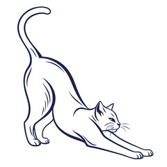 Outlined Domestic Cat Stretching Body, Arching Back With Tail Up On White Background