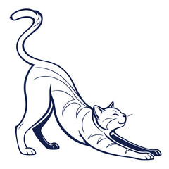 Stylized Cat Stretching with Navy Outline and Isolated on White Background
