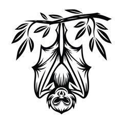 Black Silhouette Bat Hanging Upside Down from a Branch with Leaves Isolated on White