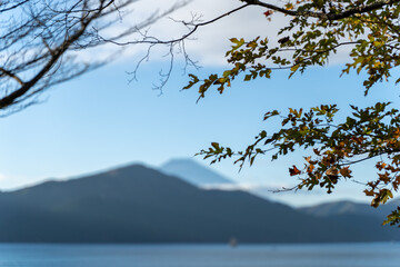 View of Mount Fuji and Lake Ashi  from Onshi Hakone Park in Hakone, Japan