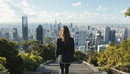 Fototapeta premium Businesswoman overlooking cityscape skyline advertising urban perspective hype and ambition combined
