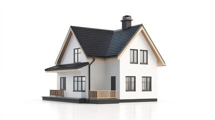 White house with black roof and porch on white background