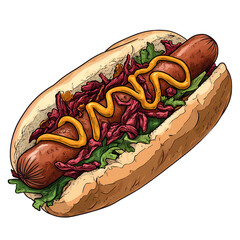 A delicious hot dog topped with mustard and fresh vegetables on a soft bun, perfect for summer picnics