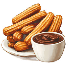 A delicious plate of churros served with rich chocolate dipping sauce on a white plate