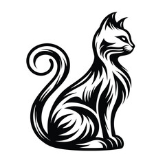 Elegant Black and White Cat Silhouette with Tribal Pattern on Isolated White Background