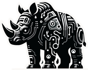 Stylized rhino illustration, black and white, tribal patterns, geometric designs, circuit-like motifs, intricate details, bold lines, abstract art, futuristic tribal fusion, cybernetic animal, biomech