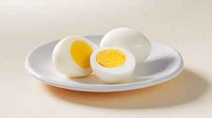 Photorealistic Image of Three Peeled Hard Boiled Eggs on a Simple White Plate Against a Neutral Background