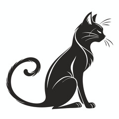 Elegant Cat Silhouette, Feline Sitting Profile, Black on White, Curled Tail, Whisker Detail