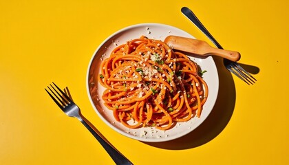 Spaghetti With Tomato Sauce And Parmesan Cheese On Bright Yellow Background