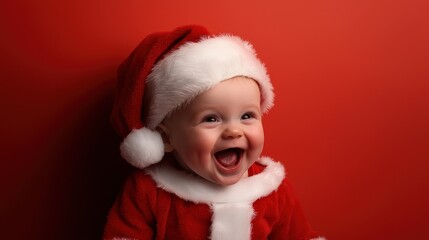 Joyful baby in Santa suit, red background, Christmas cheer