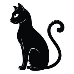 Cartoon Silhouette of a Black Cat Sitting with Curled Tail and Glowing Yellow Eye
