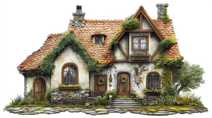 Charming cottage with ivy and stone accents on white background