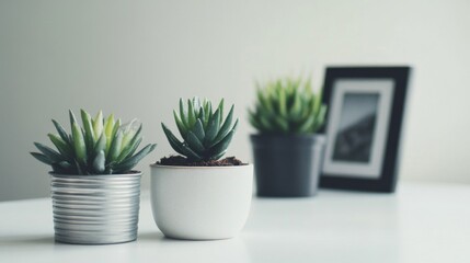 Obraz premium Green Succulents in Pots on White Table