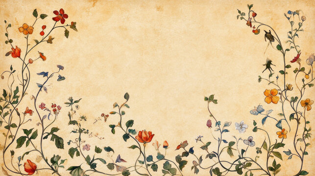Ornate delicate fairy-tale illuminated manuscript-style nature border intricate medieval botanical floral vines parchment background cottagecore rich colors motifs elegant calligraphy copy space