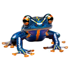 Blue poison dart frog in a natural crouch pose, isolated on white background