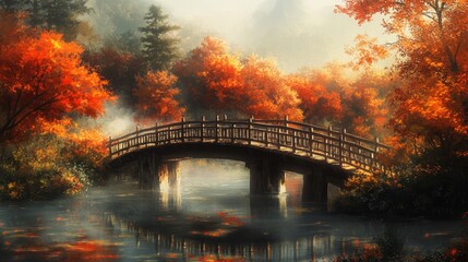 Autumnal Bridge Over Foggy Water in a Japanese Garden