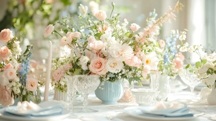 Fototapeta premium Pastel Floral Arrangement on Elegant Table Setting