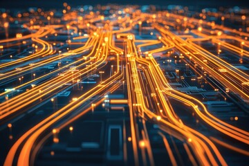 Glowing orange circuit board pathways, intricate digital network