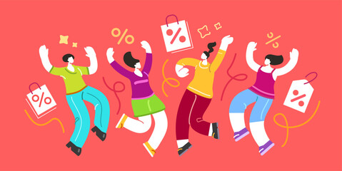 Shopping banner. Happy young women rejoice discounts at sale