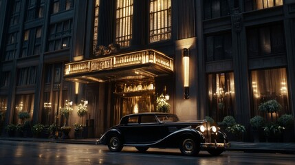 Fototapeta premium Vintage Car Parked Outside Grand Hotel at Night