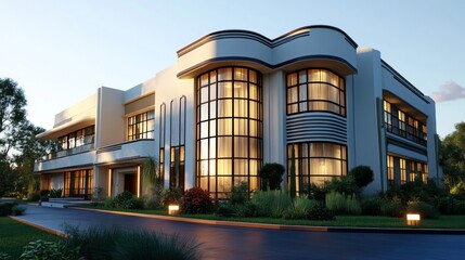 Obraz premium Elegant Beige Modern House with Curvy Design at Sunset