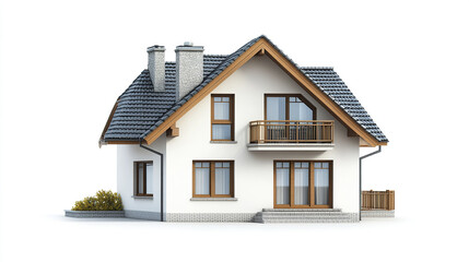 Modern house with blue roof and wooden accents, isolated on white