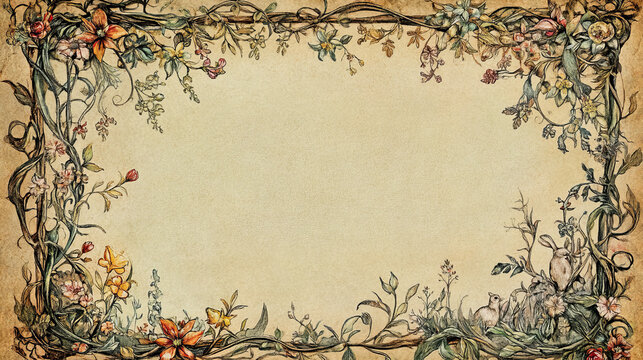 An ornate illuminated manuscript-style border rabbits intricate medieval botanical floral vines parchment background cottagecore rich colors, delicate fairy-tale motifs elegant calligraphy copy space	