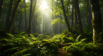 Obraz premium Walking Through Forest Path with Sunlight and Greenery