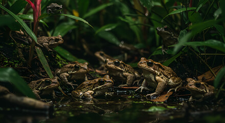 Frogs Gathering by Water with Lush Green Foliage in Natural Habitat