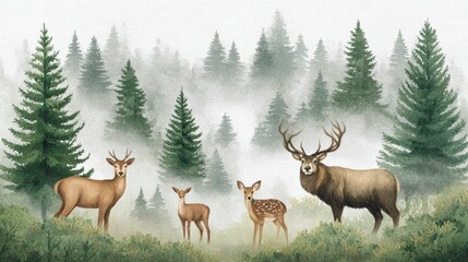 Obraz premium Misty Forest Family Deer Scene Soft Greens and Browns