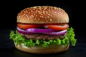 A Delicious Juicy Hamburger Piled High with Fresh Lettuce, Tomato, and Onion Under Dramatic Lighting