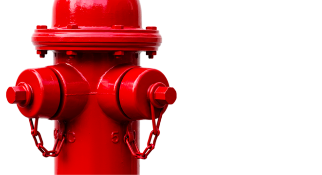 A close up shot of a bright red fire hydrant with a black background and visible chain details