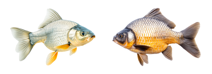 Set of fresh Crucian carp fish with detailed scales and fins, isolated on white transparent background, concept of aquatic life