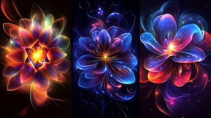 3 posters with glowing flowers, vector illustration, vector graphics, bright colors, dark background