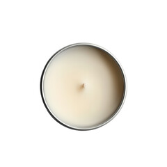 A minimalist top view of a white candle in a silver tin on a plain background, ideal for relaxation