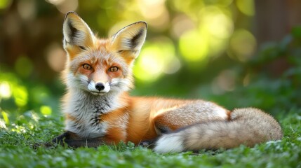 Naklejka premium A beautiful fox resting peacefully amidst the green grass outdoors