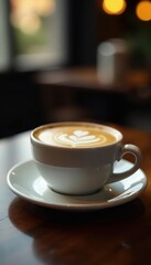 Fototapeta premium Dark roasted coffee, rich crema, cafe setting, restaurant, cozy
